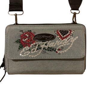 Ed Hardy Denim Crossbody Bag with Rose and Heart Embellishment New with Tags